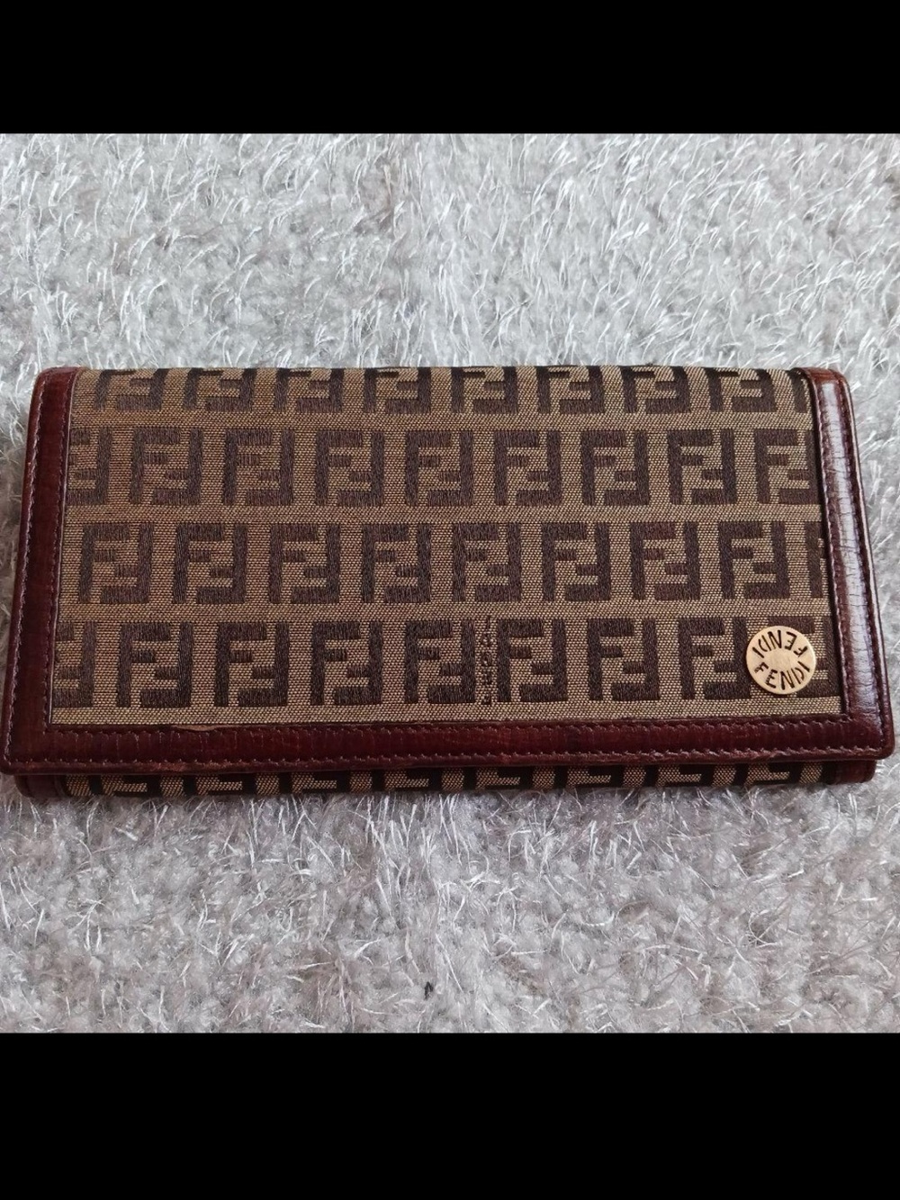 Fendi Brown Zucchino Logo Continental Long Wallet with Gold Emblem